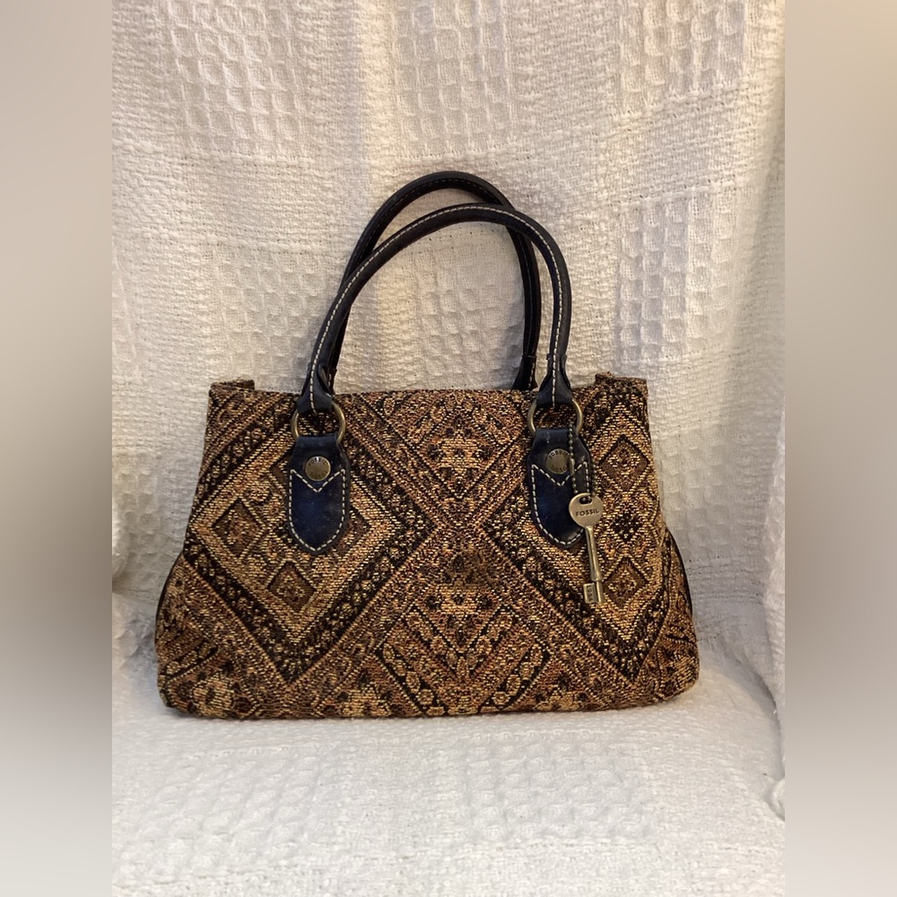 Fossil Tan and Brown Geometric Tapestry Satchel